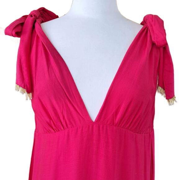 SUNDRESS Maggie Fuchsia Pink Midi Maxi Dress Large Deep V Ruffle Hem Cotton Silk - Picture 4 of 12